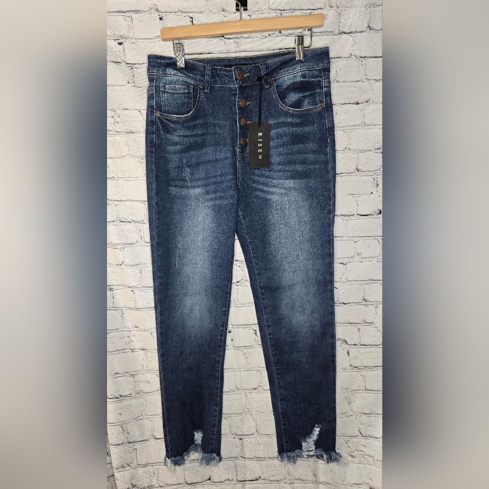 Risen Button Fly Raw Hem Skinny Jean Size‎ 13